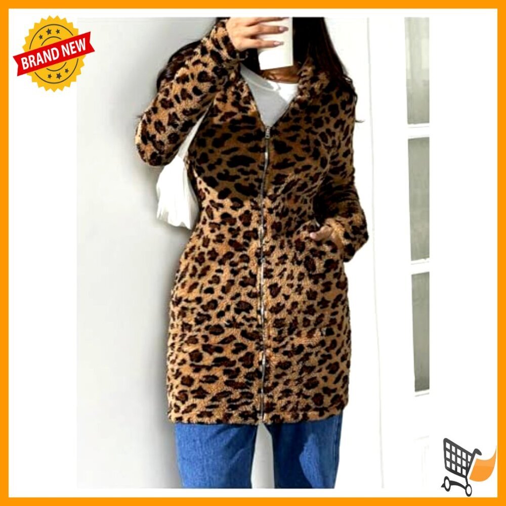 Leopard Faux Fur Coat Hooded Zip Up Long Sleeve Jacket Outerwear Winter Warm - Picture 5 of 5